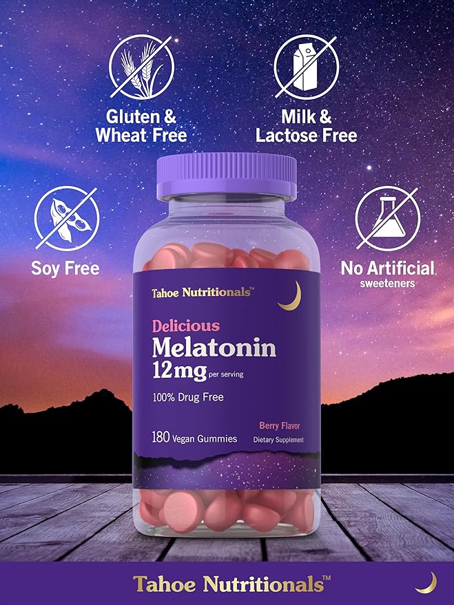 Carlyle Tahoe Nutritionals Melatonin Gummies 12mg | 180 Count | Berry Flavor | Drug Free Supplement | Vegan, Non-GMO, Gluten Free
