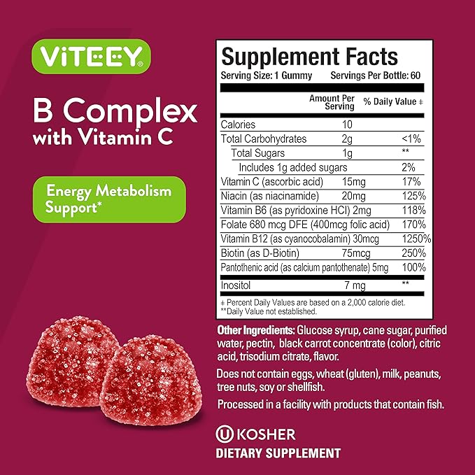 Vitamin B Complex Gummies for Adults with Vitamin C, B6, B12, Niacinamide, Folic Acid, Biotin, Calcium - Supports Energy & Metabolism - Vegan, Gluten Free, Gelatin Free - Chewable Strawberry Flavored