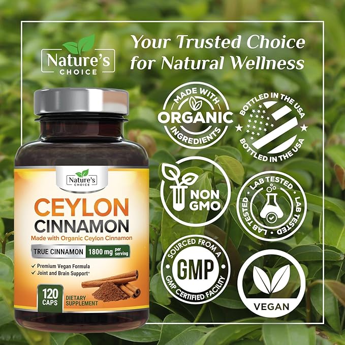 Organic Ceylon Cinnamon Capsules 1800mg - Pure Ceylon Cinnamon Supplements, 1800 mg Certified Organic Powder, Bottled in USA, Non-GMO Gluten Free Sugar Free, Antioxidant Pills Supplement, 120 Capsules