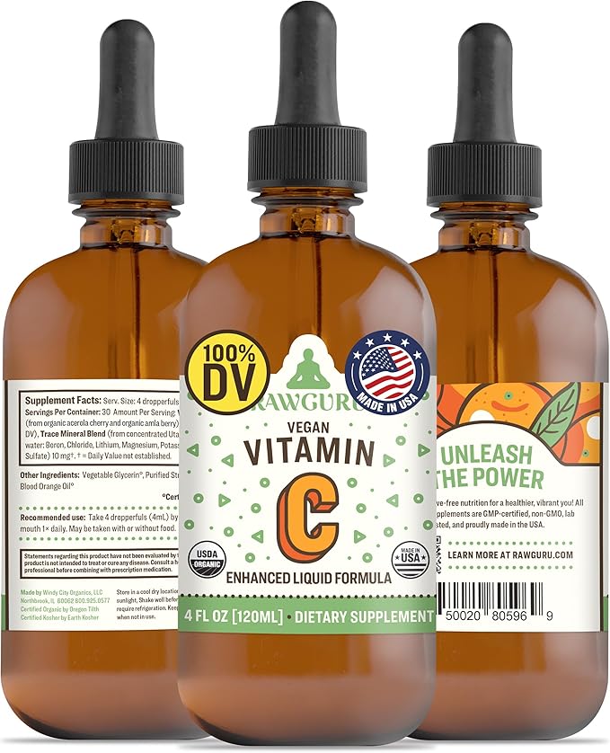 RawGuru Organic Vitamin C Tincture - Liquid Vitamin C with Trace Minerals - Nano-Processed Antioxidant & Immune Support Supplement Tincture - 30 Servings of Vegan Drops per 120 ml, Pack of 1