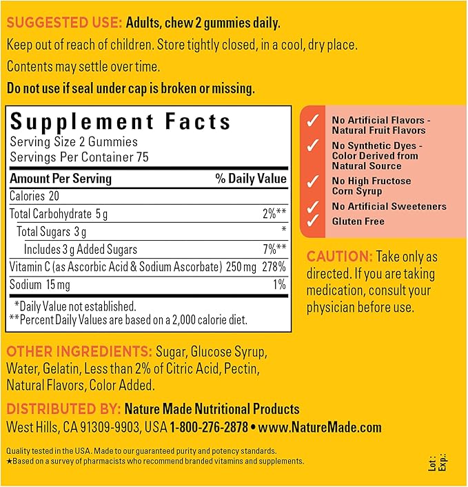 Nature Made Vitamin C 250 mg per serving, Dietary Supplement for Immune Support, 150 Gummies, 75 Day Supply