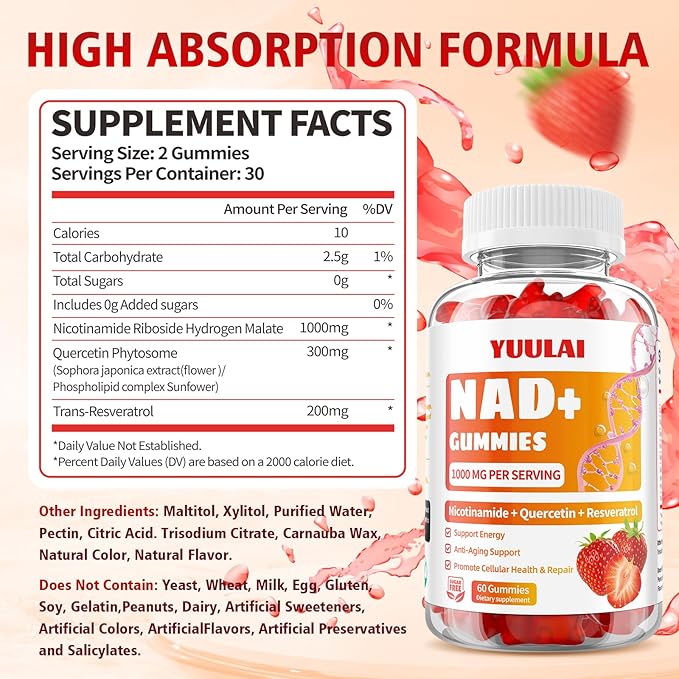 Pack of 2 NAD+ Gummies, NAD Supplement for Women - NAD Nicotinamide Riboside Resveratrol 1000MG, NAD+ Plus Supplement Gummies for Anti-Aging, Cell Regeneration & Energy, Strawberry, 120 Count