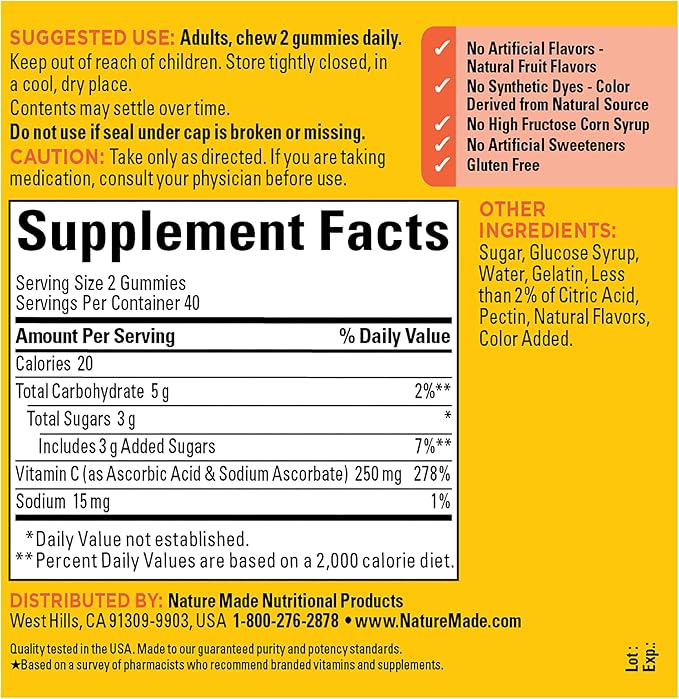 Nature Made Vitamin C 250 mg per serving, Dietary Supplement for Immune Support, 80 Gummies, 40 Day Supply