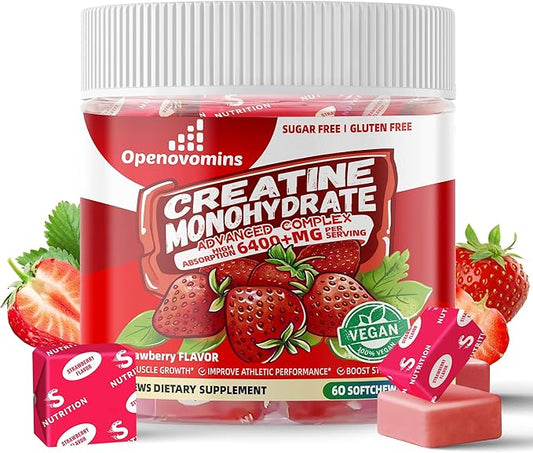 Creatine Monohydrate Soft Chews Complex 6400mg for Men & Women -Advanced Formula W/L-Taurine + Vitamin B12, Sugar Free Chewable Supplement,60 Strawberry Softchews