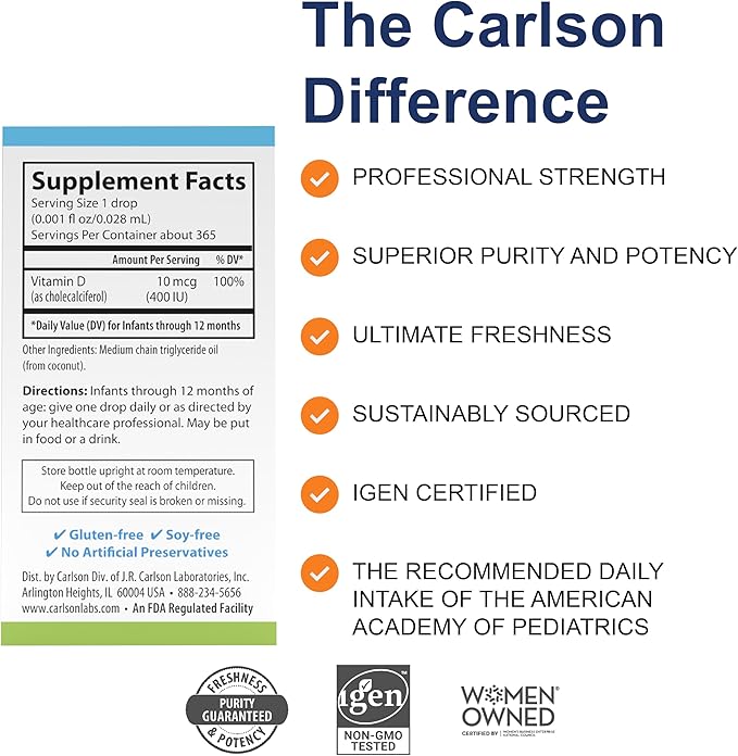 Carlson - Baby's Super Daily D3, Baby Vitamin D Drops, 400 IU (10 mcg) per Drop, 1-Year Supply, Vegetarian, Liquid Vitamin D Drops for Infants and Toddlers, Unflavored, 365 Drops