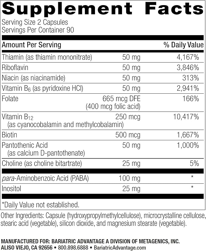 Bariatric Advantage B-50 Complex with Active B12, High Potency Supplement Containing All Essential B Vitamins with Choline, Inositol and PABA - 180 Count