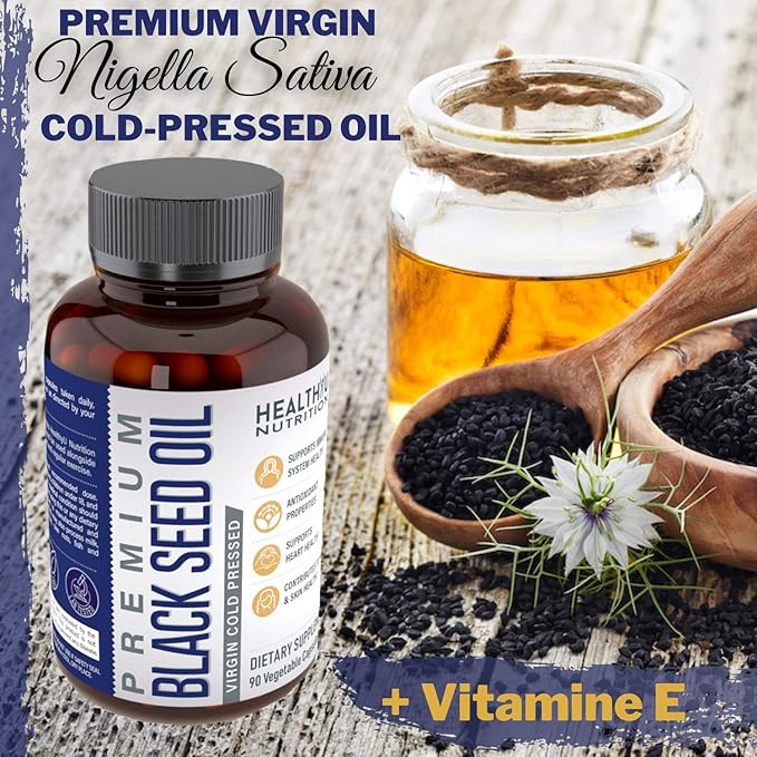 Premium Black Cumin Seed Oil Capsules - Virgin Cold Pressed Nigella Sativa Black Seed Oil Pills - Immune Support Supplement - Omega 3 6 9 Vitamin E Blackseed for Nails Hair Skin 1000 mg p/Serving