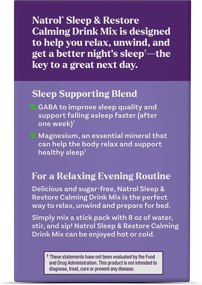 Natrol Sleep + Restore Calming Drink Mix with Magnesium Glycinate, Magnesium Sleep Aid, Melatonin-Free, Lemon Chamomile, 10 Stick Packs