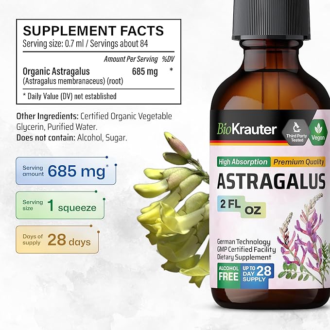 BIO KRAUTER Astragalus Tincture - Astragalus Root Liquid Extract for Immune Support - Alcohol and Sugar Free - High Absorption - Vegan Drops 2 Fl.Oz.