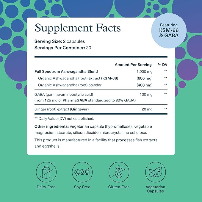 Youtheory Ashwagandha + GABA - Uses KSM-66-1,000 mg Ashwagandha & 100 mg GABA - Cortisol, Stress & Memory Support Supplement - 60 Vegetarian Capsules
