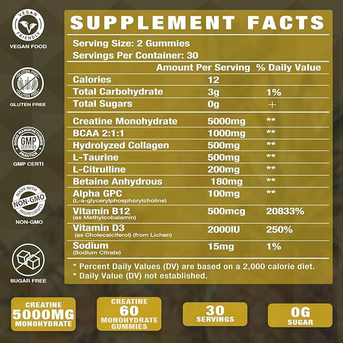 Creatine Monohydrate with Vitamins D3 & B12 | Sugar-free Hydrolyzed Collagen & Creatine gummies | Formulated to enhance Muscle Strength | Workout supplement suitable for men & women | 60 count