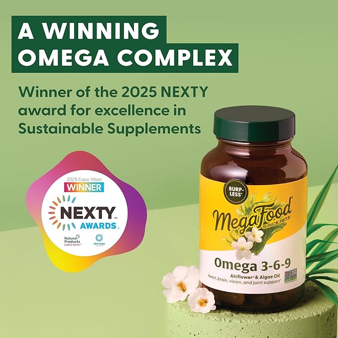 MegaFood Vegan Omega 3 6 9 - Burp-Less Supplement - 600 mg Plant-Based Omega-3 & 150 mg DHA Per Serving - Heart, Brain, Vision & Joint Support - Fish Oil Alternative - 60 Capsules, 30 Servings