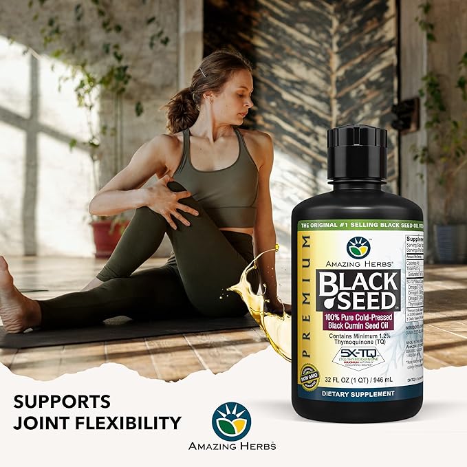 Amazing Herbs Premium Black Seed Oil - Cold Pressed Nigella Sativa Aids in Digestive Health, Immune Support, Brain Function, Joint Mobility, Gluten Free, Non GMO - 32 Fl Oz (Pack of 2)