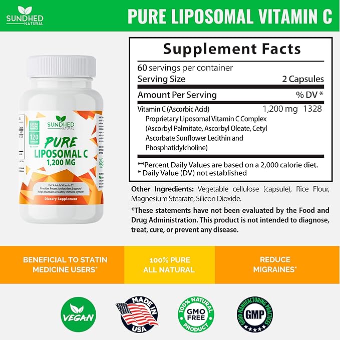 Pure Liposomal Vitamin C - 1200mg Immune System & Collagen Health Booster, Anti Aging Skin Vitamins, Sodium Ascorbate, Sunflower Lecithin (120 Capsules / 2 Months)