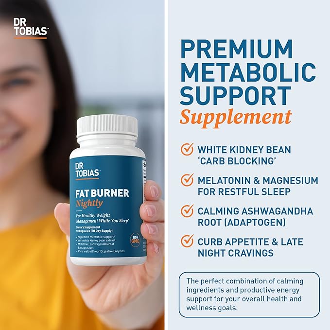 Dr. Tobias Fat Burner Nightly, Night Time Metabolic Support with White Kidney Bean Extract, Ashwagandha Root, Green Coffee Bean Extract & Melatonin, Non-GMO, 60 Capsules (30 Day Supply)