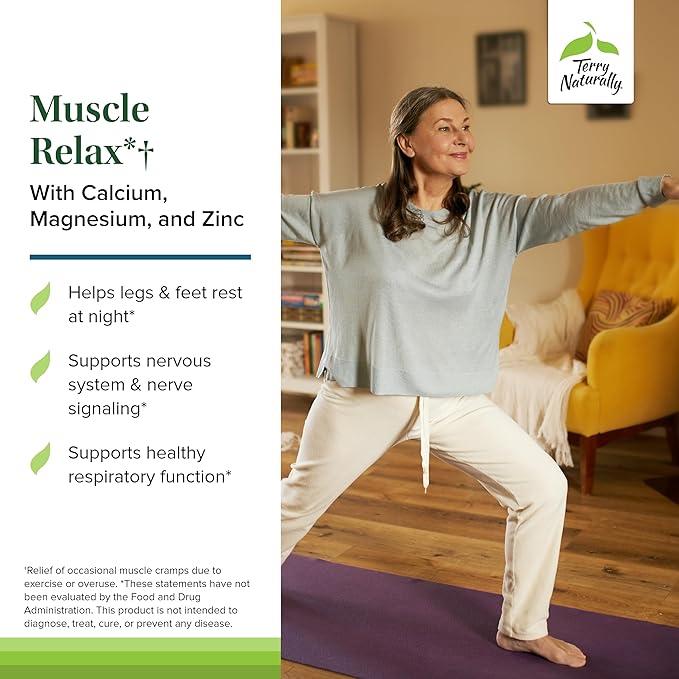 Terry Naturally Muscle Relax - Supplement to Support Nervous System, Muscle Relaxation & Sleep - Muscle Relaxant Supplement with Calcium, Magnesium & ZInc - Respiratory Health Aid - 60 Capsules