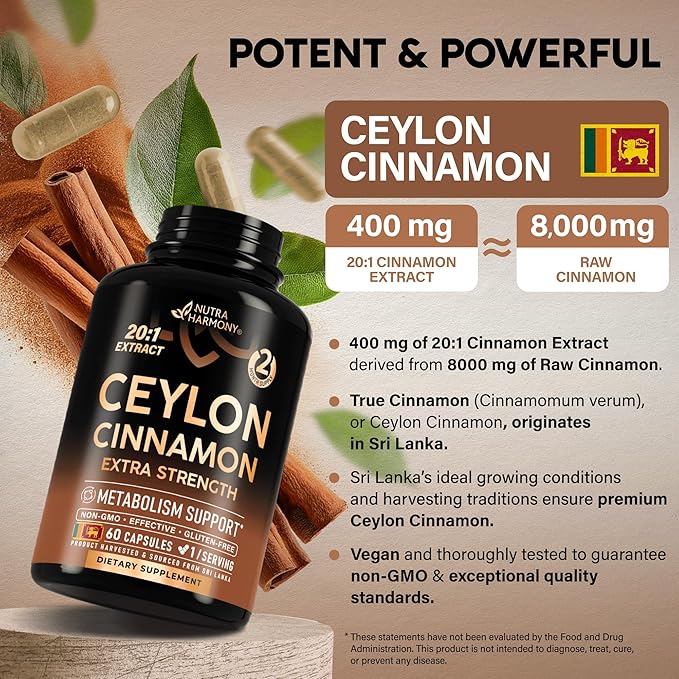 Ceylon Cinnamon Capsules - Extra Strength - Energy, Heart & Metabolism Support - for Men & Women - Pure Natural Extract 20:1 Supplement - Made in USA - GMO & Gluten Free, 60 Capsules, 2 Month Supply