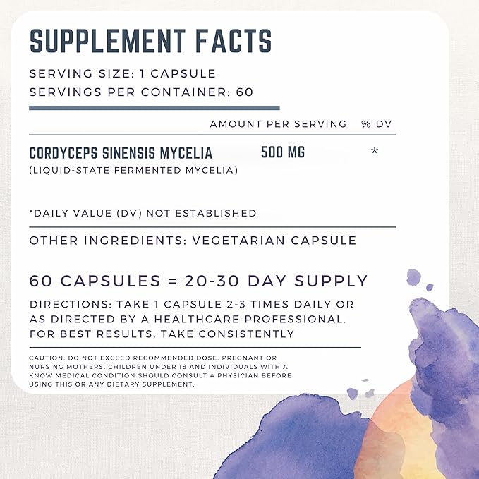 Primordia Pure Cordyceps Mushroom Supplement, 60 Capsules, Liquid State Fermentation, Cordyceps Sinensis Mushrooms, Immune Function Support, Boosts Energy & Endurance