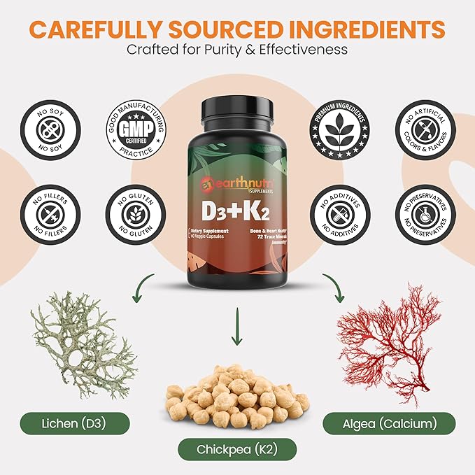 Vitamin D3 K2 Supplement 5000 IU – Includes K2 from MENA Q7, D3 from Vitashine, Calcium from Aquamin & 72 Trace Minerals – for Immune, Bone & Heart Health – Non-GMO – 60 Veg Capsules