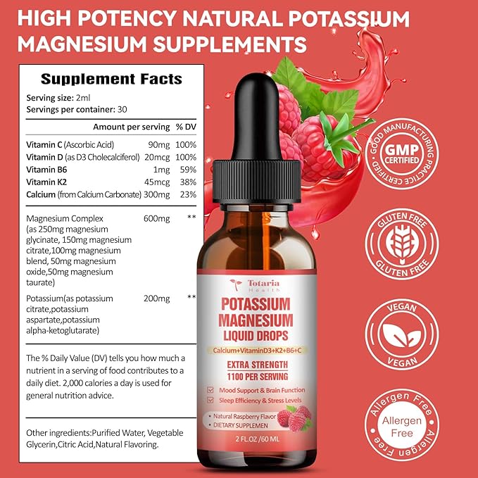 Potassium Magnesium Supplement Liquid Drops - Vitamin K 2 Potassium Supplement Complex Magnesium Glycinate Liquid Citrate Oil High Absorption Potasio Support Bone, Muscle, Leg Cramps, Immune Support