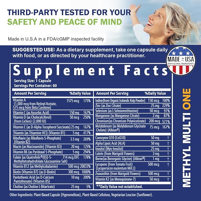 Power By Naturals Methyl Multi One - Iron-Free Methylated Multivitamin with Quatrefolic 5-MTHF, Active B12, P5P, CoQ10 & Zinc for MTHFR Support - Energy & Focus Formula - 60 Capsules (2-Month Supply)