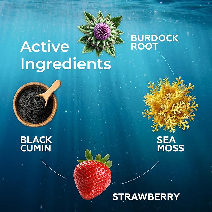 Irish Sea Moss Drops - 5X Stronger Than Sea Moss Gel - 92+ Essentials Minerals - with Spirulina Powder, Burdock Root & Black Cumin - 2 Fl Oz (60ml) - Strawberry Flavor