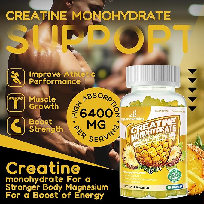 Creatine Monohydrate Gummies Complex for Men & Women -Advanced Formula W/L-Taurine + Vitamin B12, Sugar Free Chewable Supplement,90 Pineapple Gummies