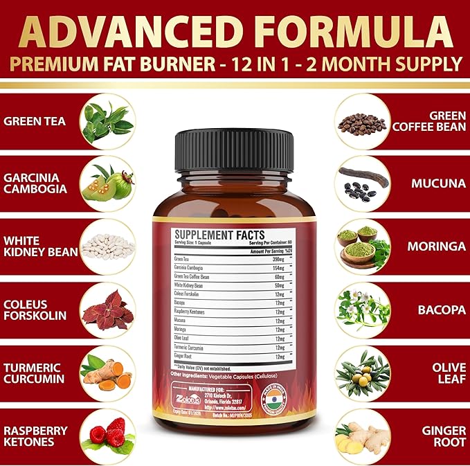 Premium Weight Loss Pills for Women, The Best Fat Burners for Women and Men, Energy Pills, High Potency with Green Tea Extract 98%, 2 Months Supply
