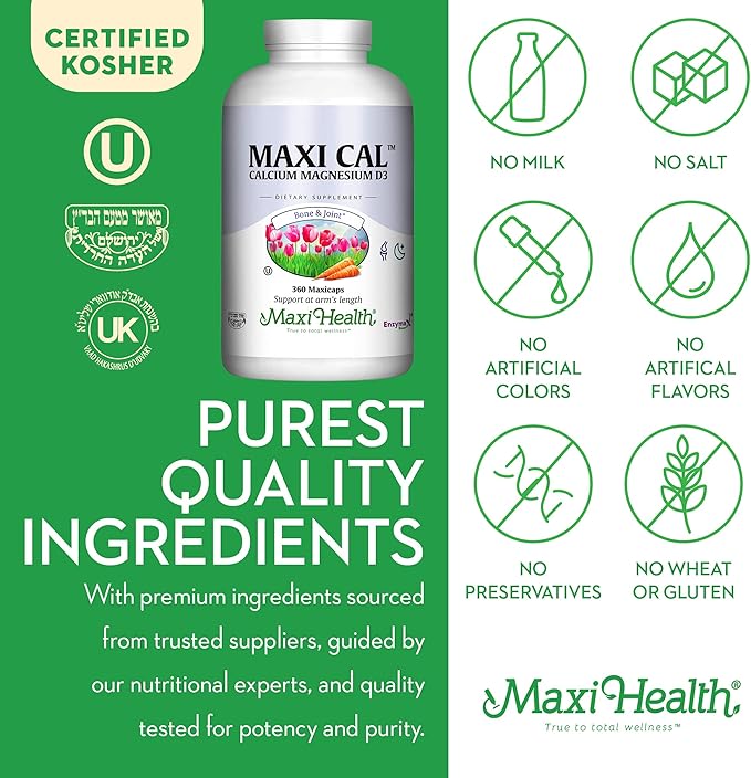 Maxi Health Calcium 1000 mg Supplement with Vitamin D3 (1000 IU) and Magnesium (500 mg) - Bone, Teeth and Joint Support for Men and Women - 360 Capsules - Maxi Cal