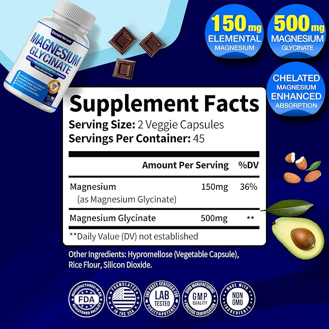 Magnesium Glycinate 500mg Magnesium Supplement - Chelated for High Absorption & Bioavailability Support Sleep, Muscle, Bones, Cramps, Recovery & Energy, Vegan Non-GMO 90 Capsules