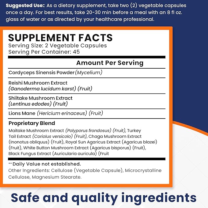 Mushroom Supplement Capsules - 10x Mushroom Complex with Lions Mane Cordyceps Shiitake Reishi Mushrooms Supplements - All Natural Herbal Vitamins Extract Pills for Focus Energy and Brain 90 Capsules