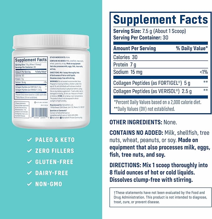 NativePath Joint Health Collagen Peptides, Type 1 & 3 Peptides, with Fortigel and Verisol, 7.9 Ounce, 30 Servings