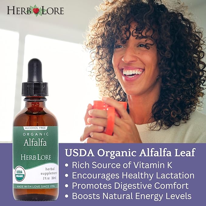 Herb Lore Organic Alfalfa Leaf Tincture – Alcohol Free Liquid Herbal Support Supplement Drops for Pregnancy, Lactation & Overall Wellness (2 fl oz)