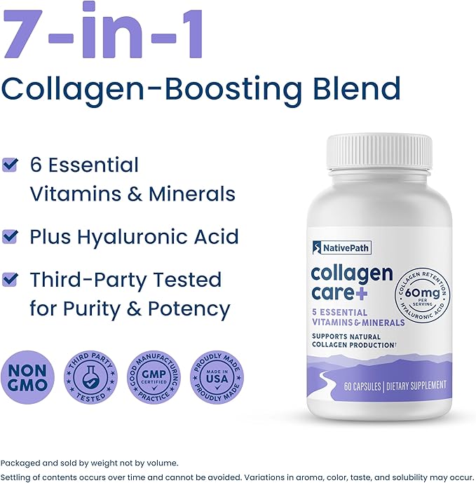 NativePath Collagen Care+, 5 Vitamin Blend with Hyaluronic Acid and Boron That Supports Collagen for Men and Women, 60 Capsules