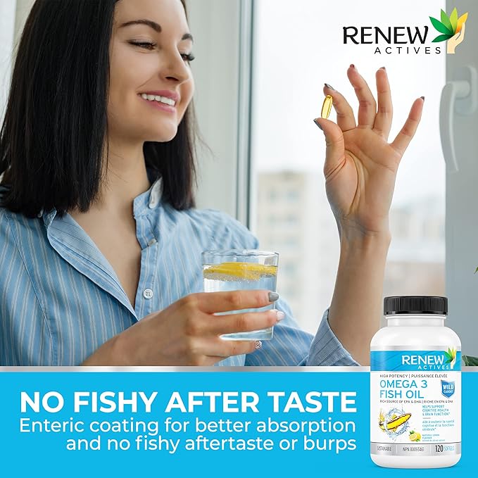 Renew Actives Omega-3 Fish Oil 2400MG per 2 Softgels - 720MG EPA & DHA - Supports Heart, Brain, Eye Health, & Triglyceride Reduction - No Fishy Aftertaste - Made in Canada - 120 Softgels