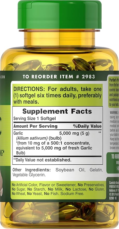 Puritan's Pride Premium Garlic Fresh 5000mg, Traditional Dietary Supplement for Heart Health and Circulation Support with Antioxidant Properties, 250 Rapid Release Softgels