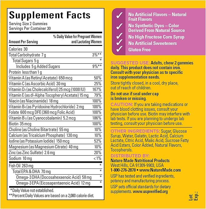 Nature Made Prenatal Gummies with DHA and Folic Acid, Prenatal Vitamin and Mineral Supplement for Daily Nutritional Support, 60 Gummies, 30 Day Supply