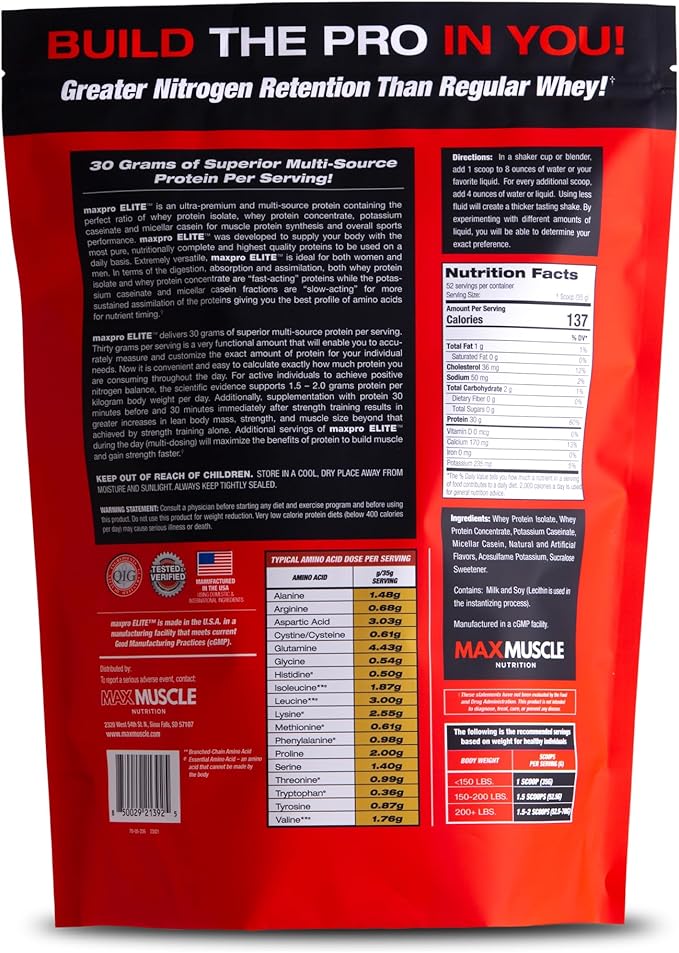 Max Muscle Maxpro Elite Whey Protein Powder | 30g Protein | 0g Sugar | 6.6g BCAAs | Micellar Casein Cold Filtered Whey Isolate Protein | Promotes Muscle Growth & Recovery (Vanilla Ice Cream, 4lb)
