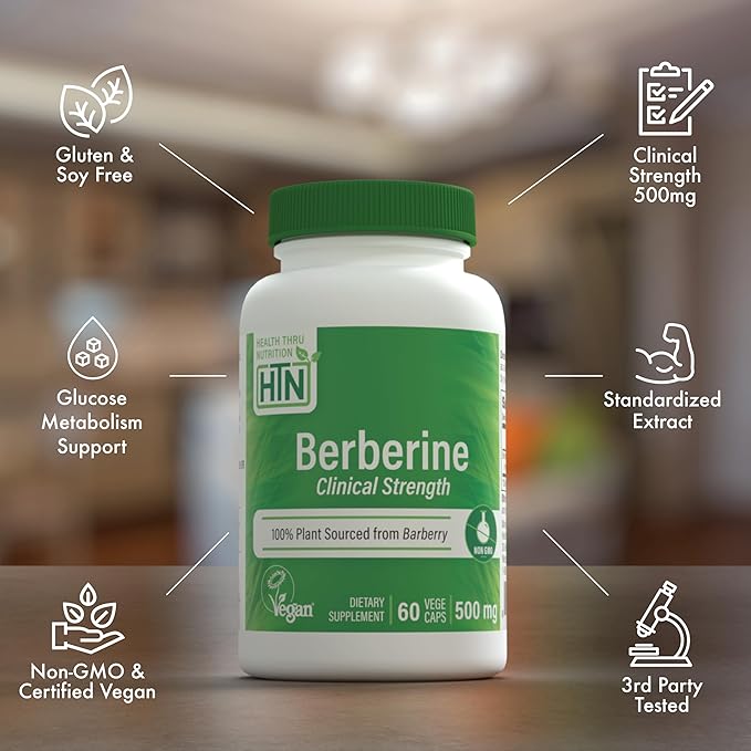 Health Thru Nutrition Berberine HCl 500mg 60 Servings | Clinical Strength Supplement | Certified Vegan | Non-GMO | Soy Free | 3rd Party Tested