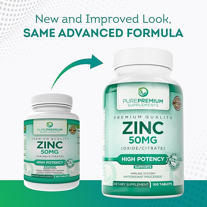 PurePremium Natural Zinc 50mg Supplements for Men & Women - High Potency Vitamin Zinc Citrate/Oxide for Adults, Immune Antioxidant, Energy Support - 100 Tablets