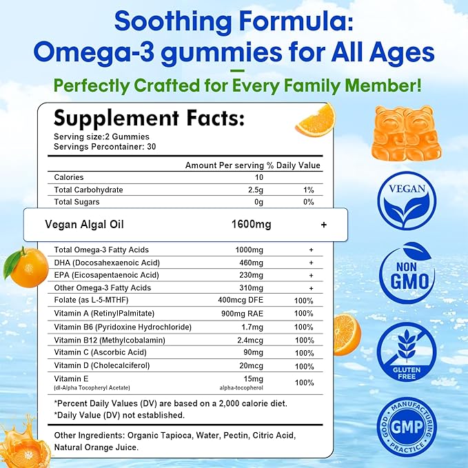 2 Pack Omega-3 Gummies Potent Algae Omega Source, Boost Brain, Eye & Immune Function, with DHA and EPA Vegan & Sugar Free, Orange Flavor, 120 Count
