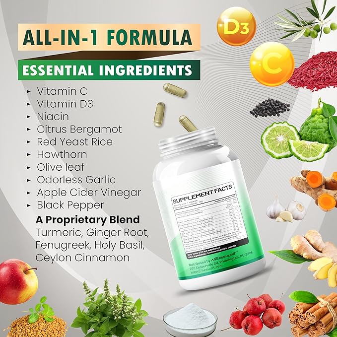 Citrus Bergamot Supplement - 15-in-1 Natural Blend with Red Yeast Rice Hawthorn Olive Leaf Odorless Garlic Turmeric Ginger Fenugreek - 150 Count - Made & Tested in The USA