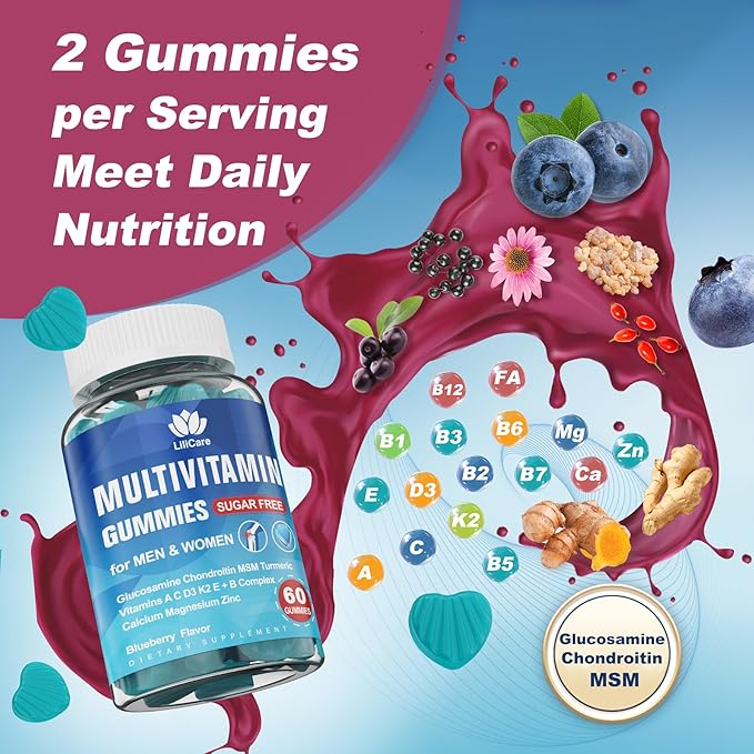 Men's & Women's Sugar Free Methylated Multivitamin 50 Plus with Glucosamine Chondroitin MSM, Iron Free Gummies for Senior with Multi Vitamin D3 K2 & A C E, B Complex - 60 Count (Pack of 1)