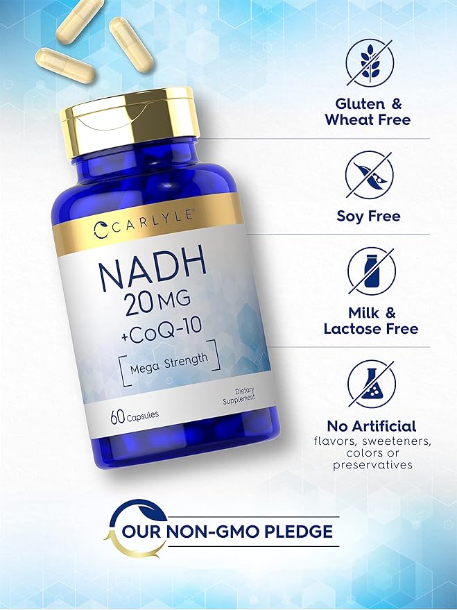 Carlyle NADH CoQ10 Supplement | 20mg | 60 Capsules | Mega Strength | Non-GMO, Gluten Free