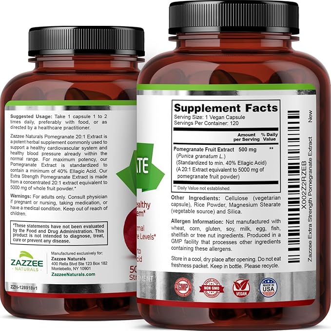 Zazzee Extra Strength Pomegranate 20:1 Extract, 5000 mg Strength, 40% Ellagic Acid, 120 Vegan Capsules, 4 Month Supply, Standardized, Concentrated 20X Extract, 100% Vegetarian, All-Natural and Non-GMO