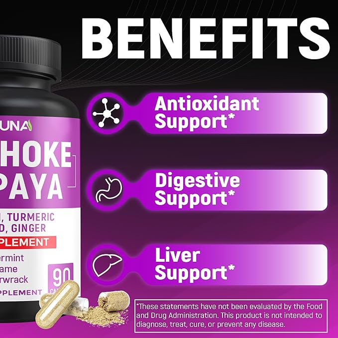 Artichoke Capsules with Artichoke, Papaya, Apple Pectin and More - 90 Capsules for 3 Months Supply