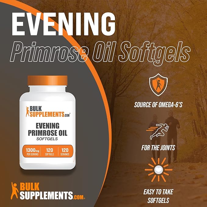 BulkSupplements.com Evening Primrose Oil Softgels - GLA Supplements, Evening Primrose Oil 1300mg - Gluten Free, 1 Softgel per Serving, 120 Count (Pack of 1)