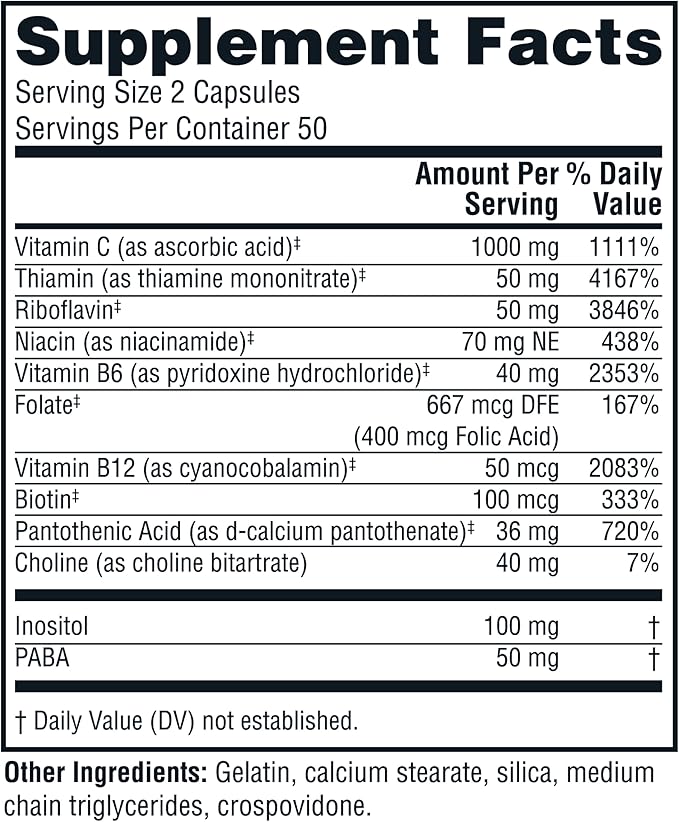 Twinlab Stress B-Complex Caps - Complete B-Complex & 1000 mg Vitamin C - Energy Support Supplement with Vitamin B12 and B6-100 Capsules (Pack of 2)