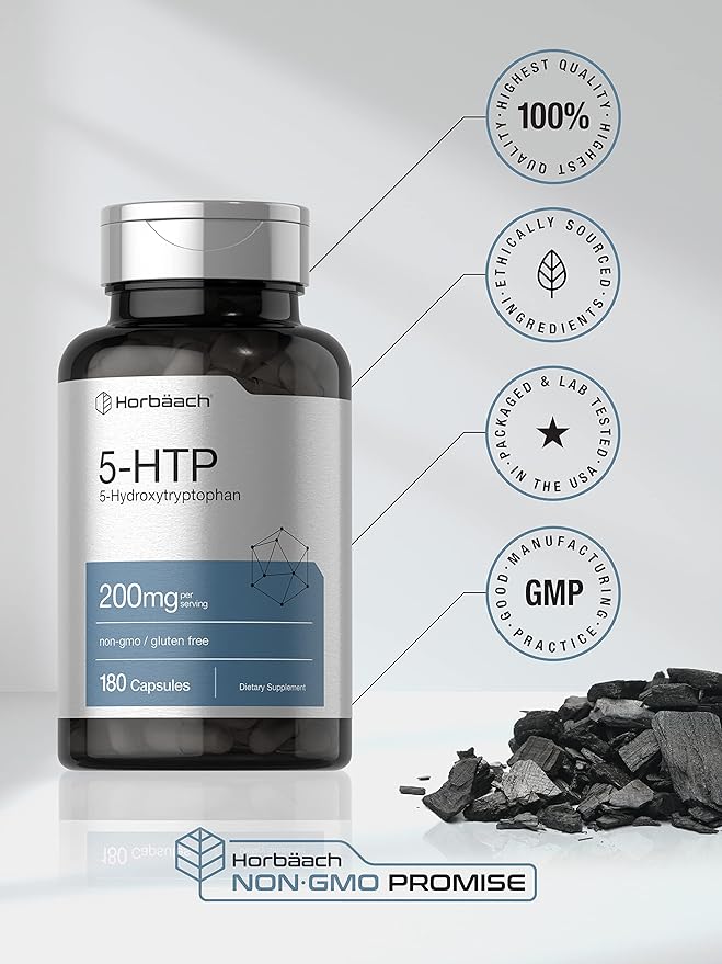 Horbäach 5HTP 200mg Supplement | 180 Capsules | 5 Hydroxytryptophan | Griffonia Simplicifolia | Extra Strength | Non-GMO, Gluten Free