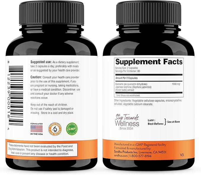 Sandhu's Quercetin 1000mg Per Serving Vegetarian Supplements 120 Capsules Bioflavonoids for Immune Support & Respiratory Health, Seasonal Allergy Support | Quercitin for Men and Women